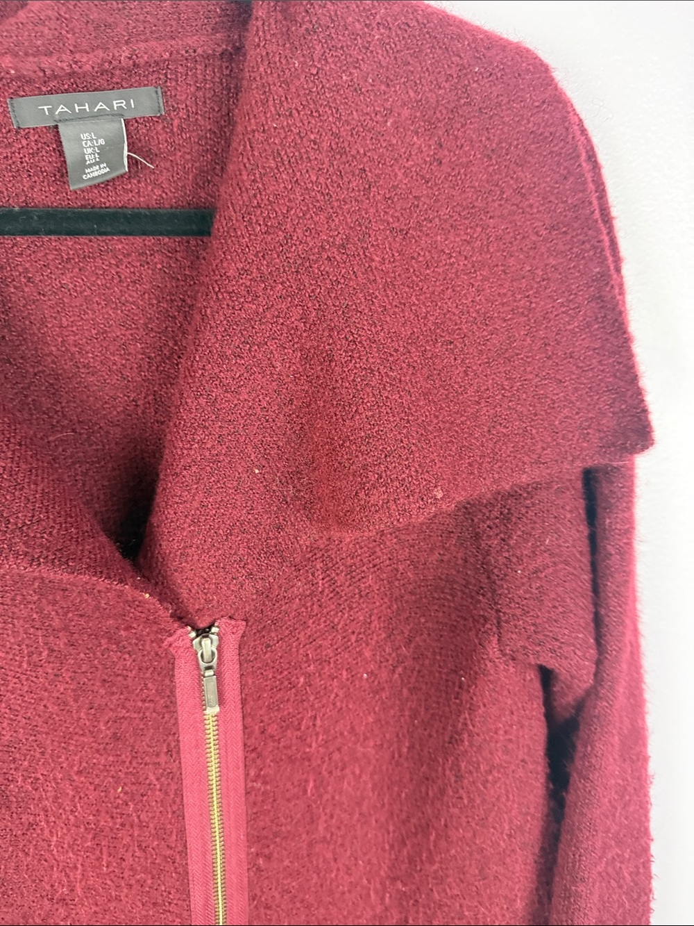 Tahari Asymmetric Zip Wool Blend Cardigan Coat Sweater Burgundy Red L - Picture 7 of 12